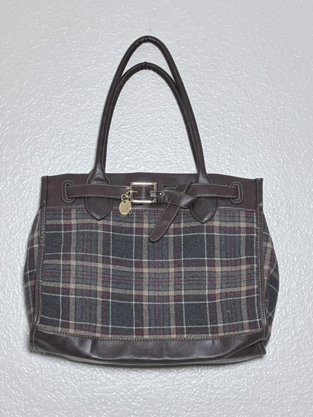 Tommy Hilfiger Plaid Tartan Tote Bag Brown Faux Leather Trim